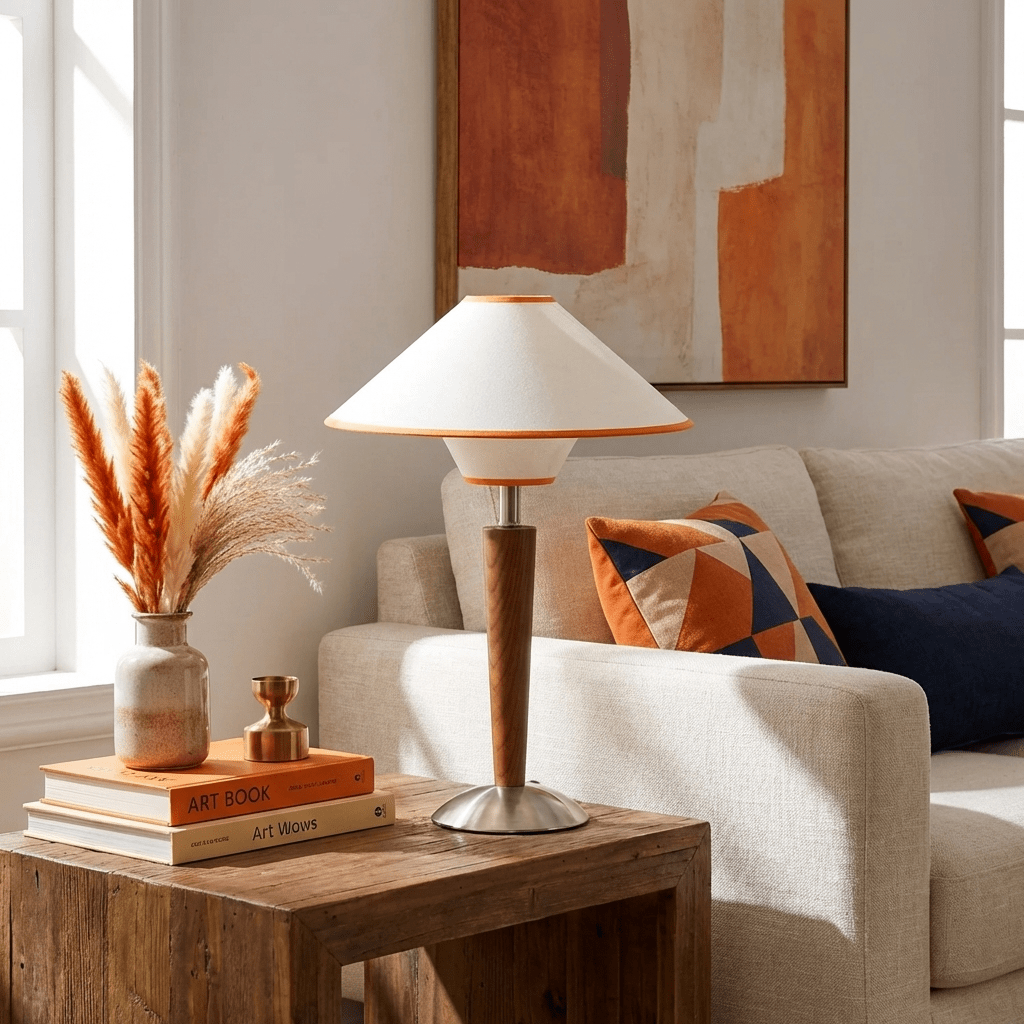 Holz-Tischleuchte mit Stoffschirm – Walnuss oder Nickel – warmes, modernes Design – E26/E27 – Plug-in mit Schalter | Sansoti
