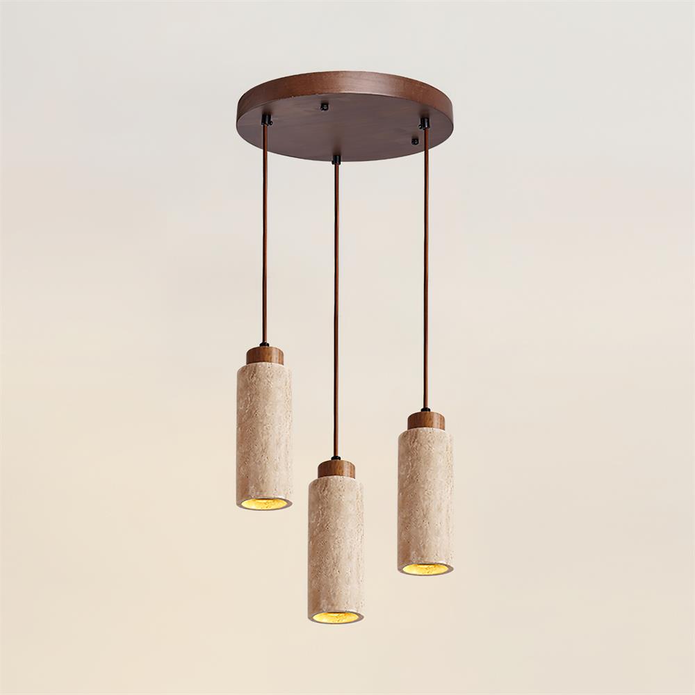 Hanglamp Travertijn Cilinder Hout LED Beige Eettafel Woonkamer Natuurlijke Steen Minimalistisch Design Verlichting Japandi Interieur | Sansoti