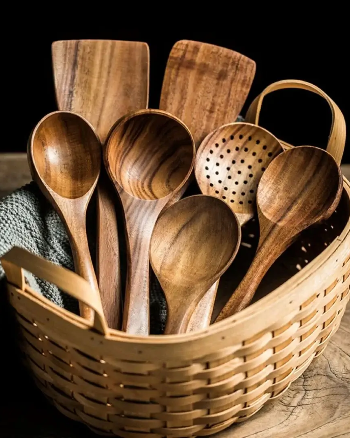 Set d’ustensiles de cuisine en teck | Couverts en bois durables pour cuisine quotidienne | Doux pour les casseroles | Accessoire de cuisine élégant | Écologique | Sansoti