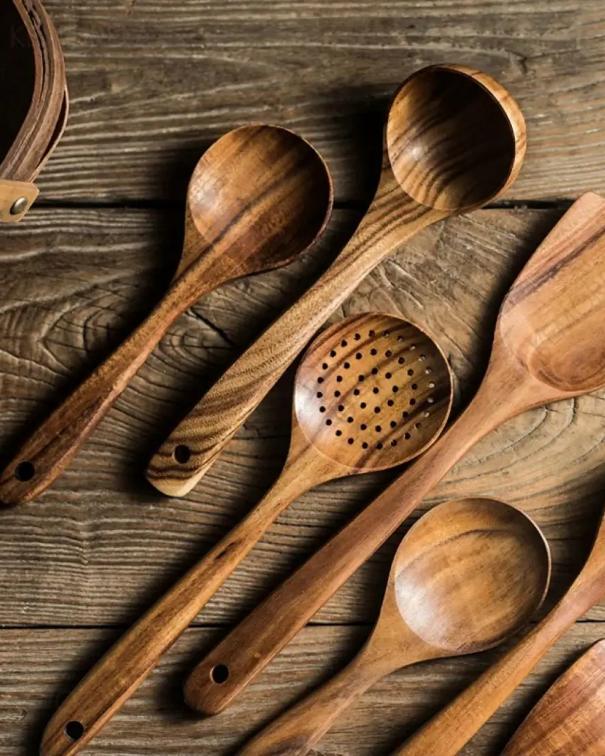 Set d’ustensiles de cuisine en teck | Couverts en bois durables pour cuisine quotidienne | Doux pour les casseroles | Accessoire de cuisine élégant | Écologique | Sansoti