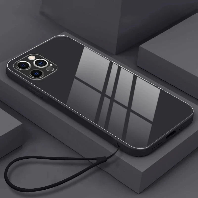 Tempered Glass Phone Case with Wrist Strap iPhone – Shock-Resistant Transparent Cover Camera Protection | Sansoti