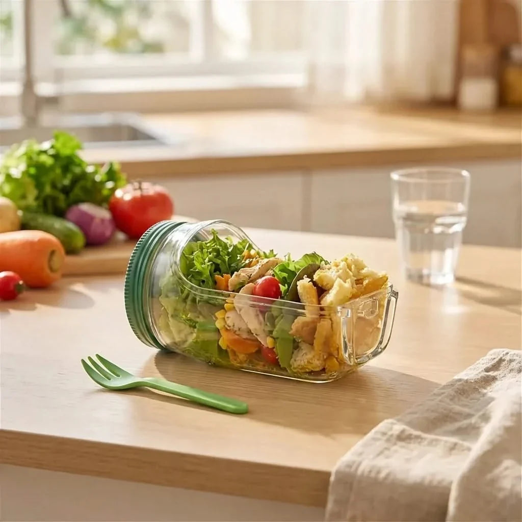 Lunch Jar with Dressing Compartment & Leakproof Lid for Fresh Salads on the Go and Healthy Meals | Sansoti