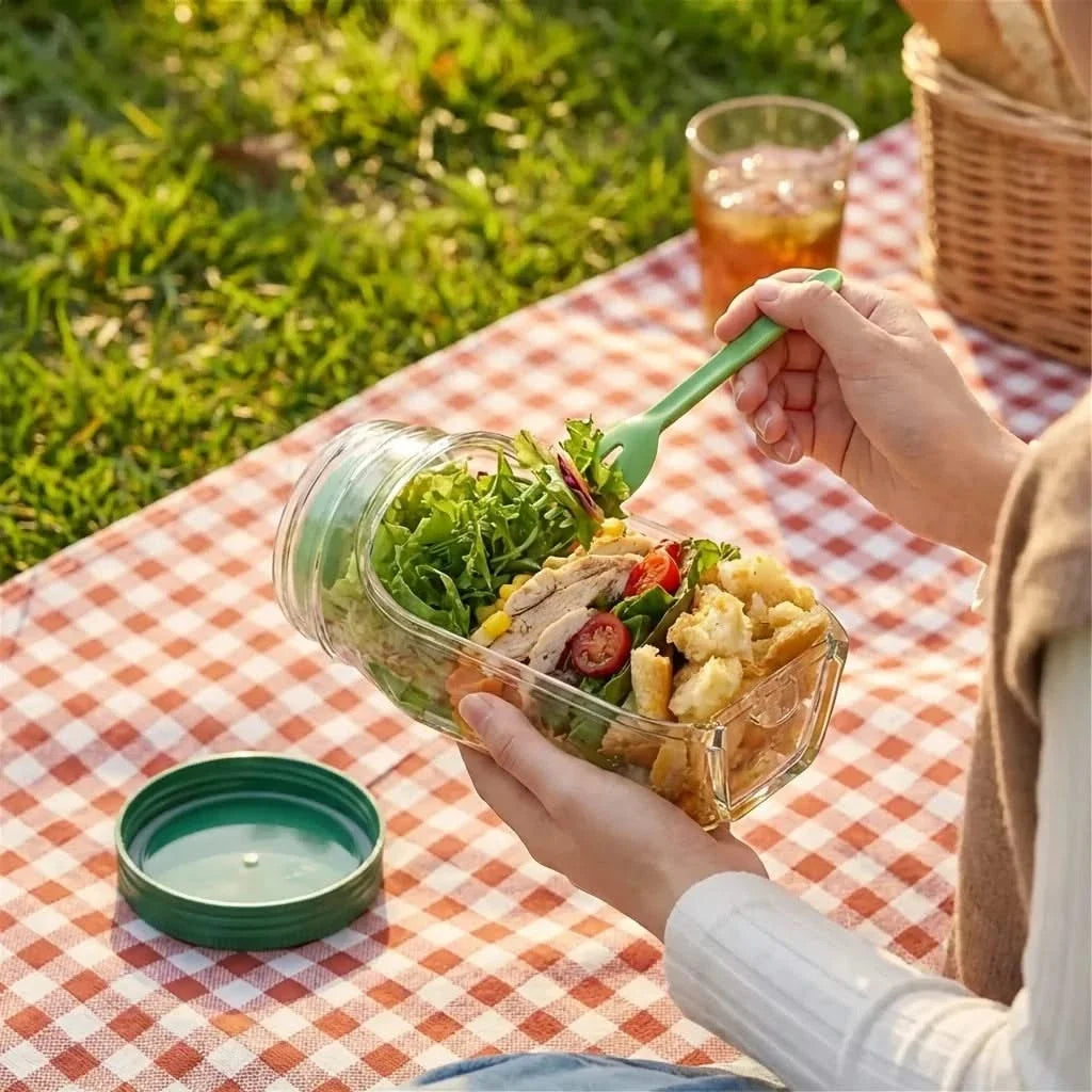 Lunch Jar with Dressing Compartment & Leakproof Lid for Fresh Salads on the Go and Healthy Meals | Sansoti