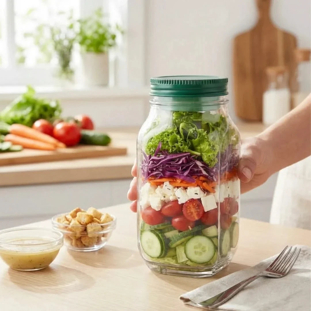 Lunch Jar with Dressing Compartment & Leakproof Lid for Fresh Salads on the Go and Healthy Meals | Sansoti