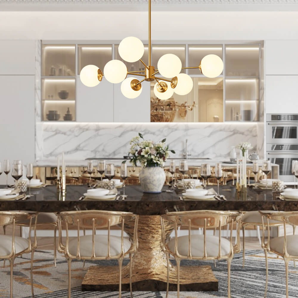 Sputnik pendant light with glass globes, dimmable, gold or black, 6, 8, or 12 lights, dining table, living room, modern design | Sansoti