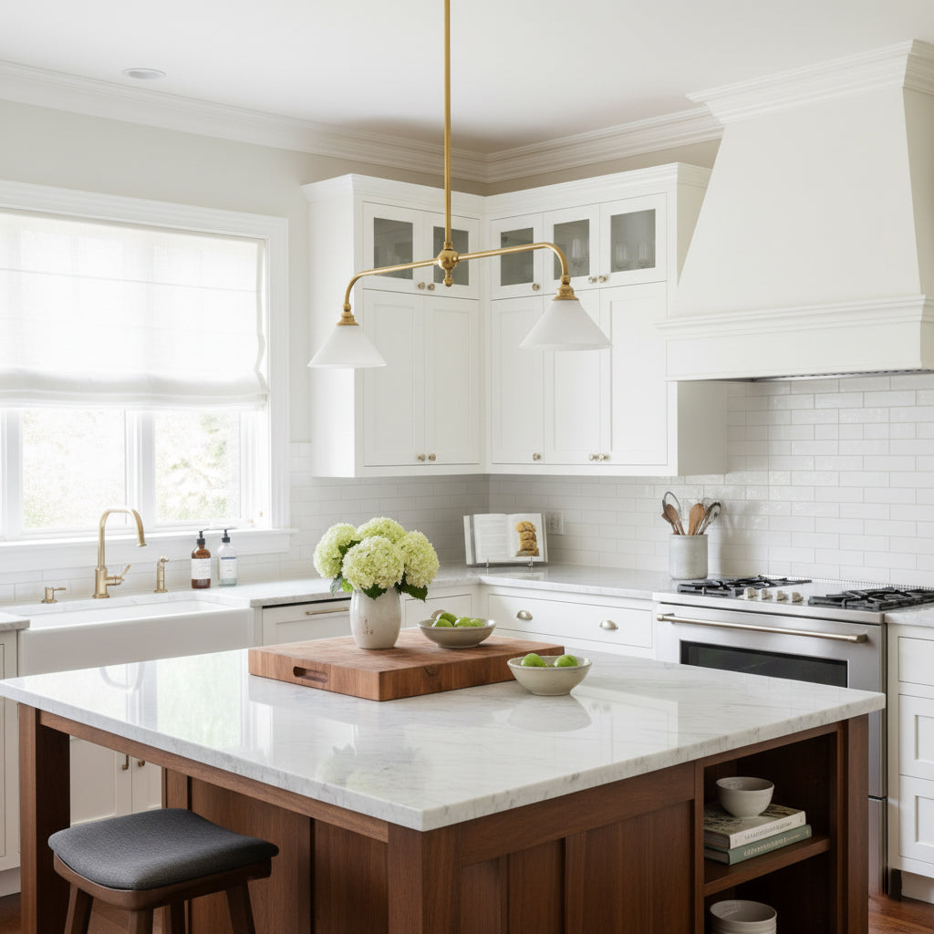 Lámpara colgante de diseño de lujo con pantallas de vidrio blanco para mesa de comedor e isla de cocina, acabado de latón | Sansoti