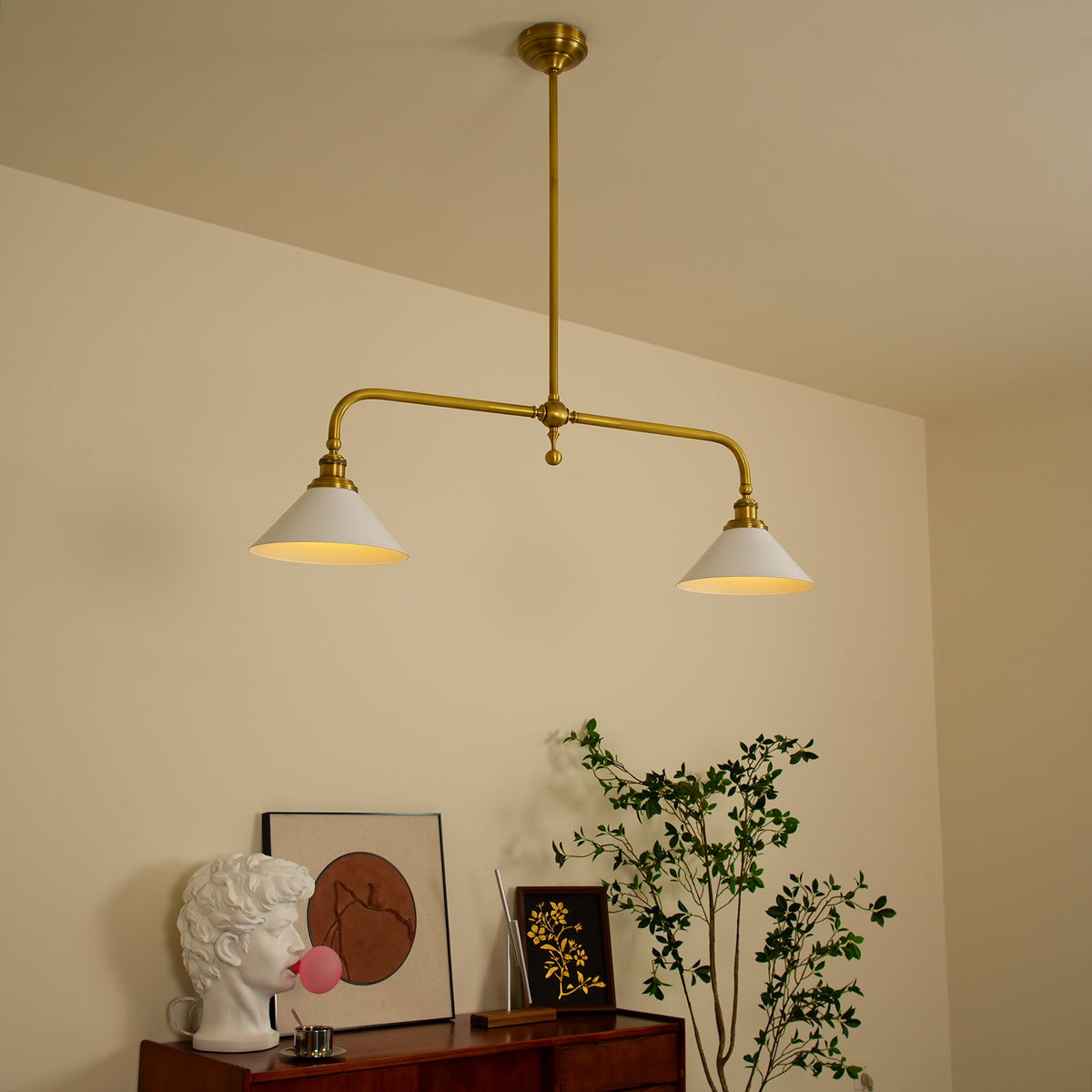 Hanglamp Twee Armen Geborsteld Messing Kegelvormige Kappen Eetkamer Keukeneiland Verlichting Sfeerverlichting | Sansoti