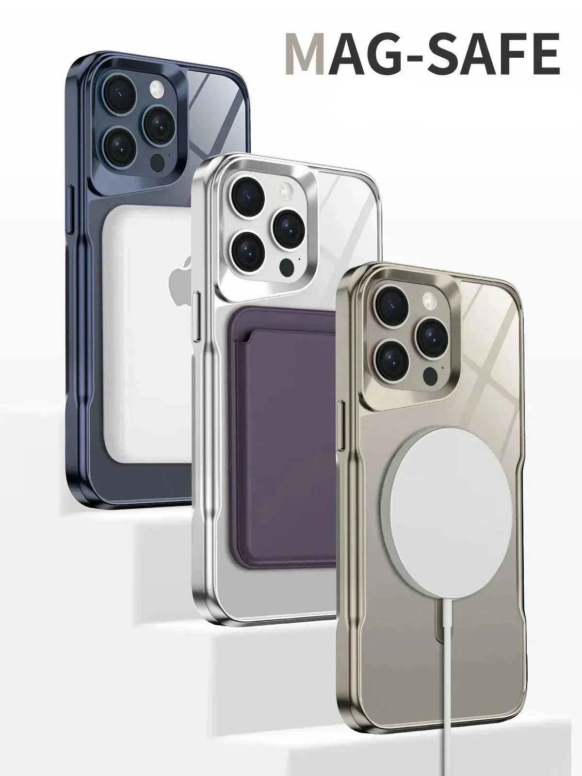 Transparente iPhone-Hülle mit Titanoptik, kompatibel mit kabellosem Laden, Modelle 12, 13, 14, 15, 16 und 17 | Sansoti