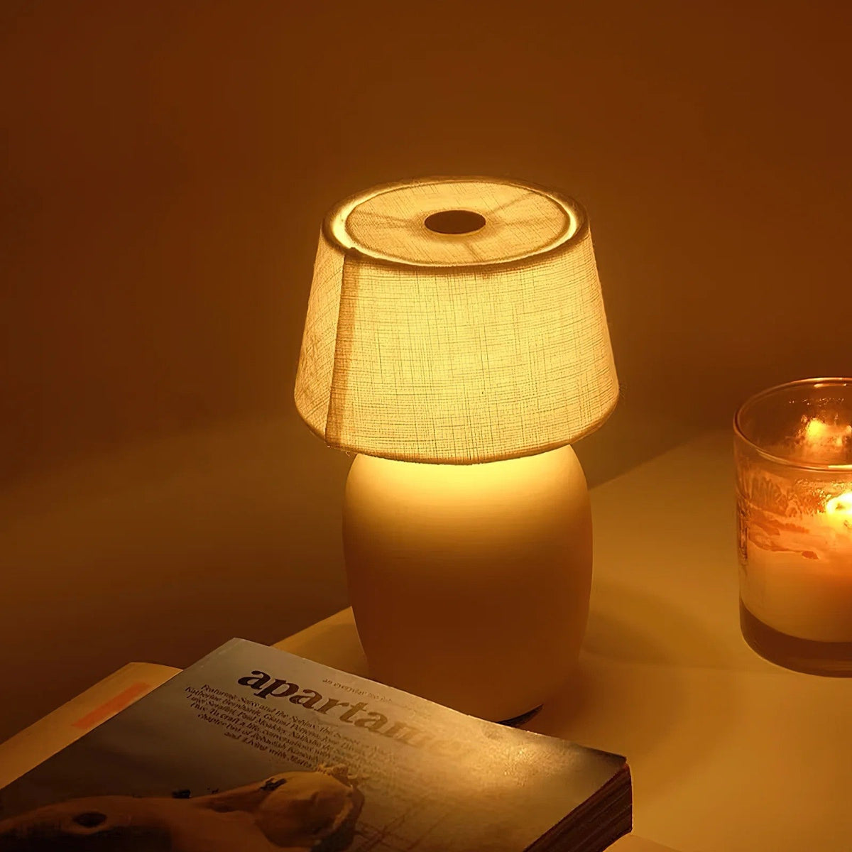Portable Table Lamp with Integrated Battery 240 lm Warm White 3000K Ceramic Linen Shade Touch Control | Sansoti