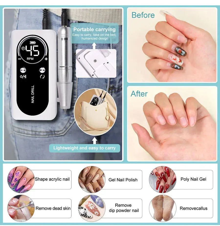 Professional nail drill 45,000 RPM rechargeable – USB-C electric nail care system for acrylic, gel polish and natural nails | Sansoti