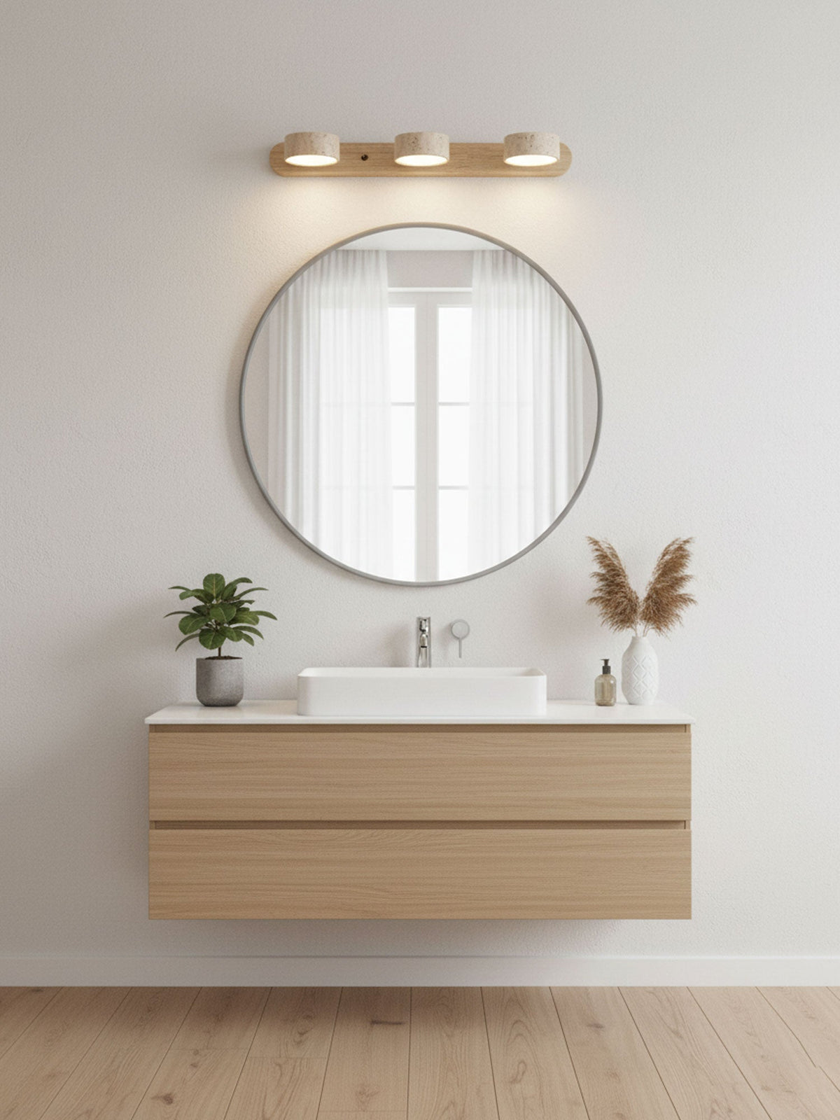 Travertin-Wandlampe mit Holzfuß und doppelter LED-Lichtquelle, natürliches Stein-Design, Wandbeleuchtung für Schlafzimmer, Flur und Wohnzimmer | Sansoti