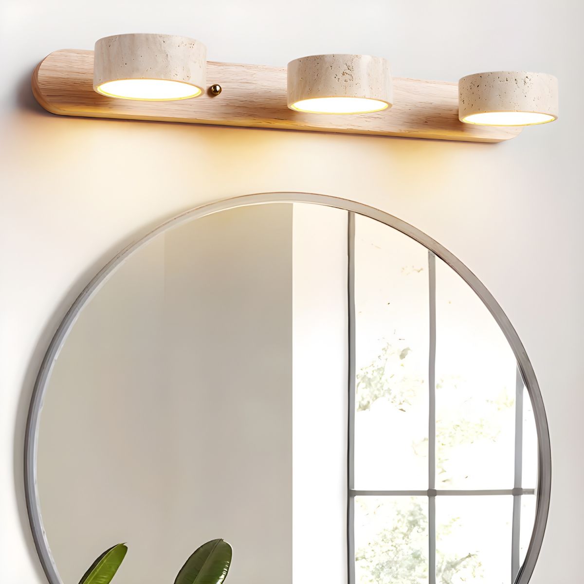 Travertin-Wandlampe mit Holzfuß und doppelter LED-Lichtquelle, natürliches Stein-Design, Wandbeleuchtung für Schlafzimmer, Flur und Wohnzimmer | Sansoti