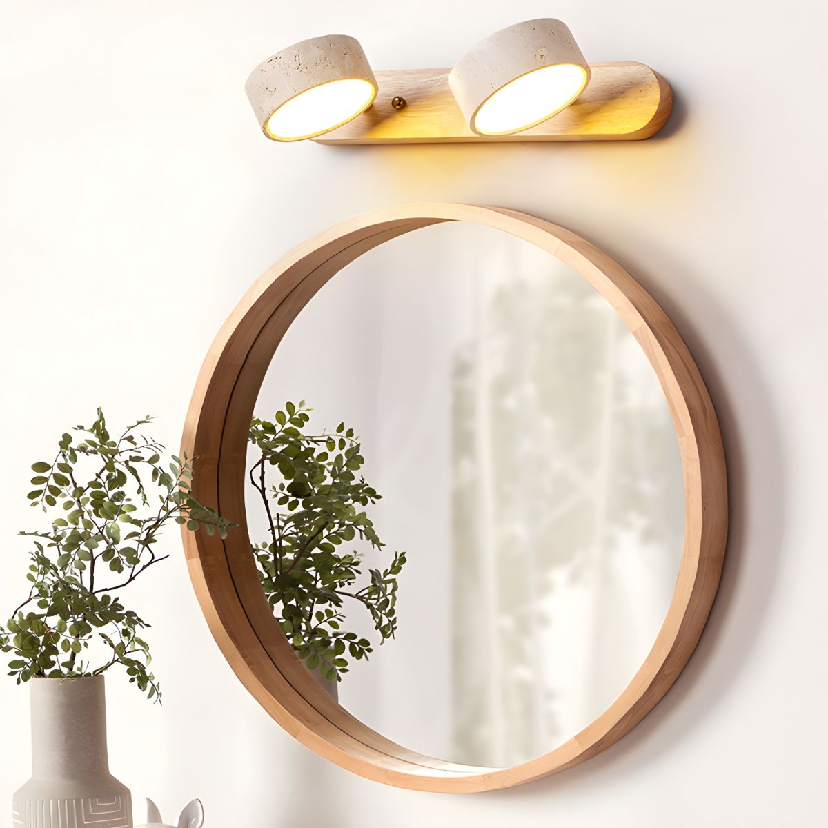 Travertin-Wandlampe mit Holzfuß und doppelter LED-Lichtquelle, natürliches Stein-Design, Wandbeleuchtung für Schlafzimmer, Flur und Wohnzimmer | Sansoti