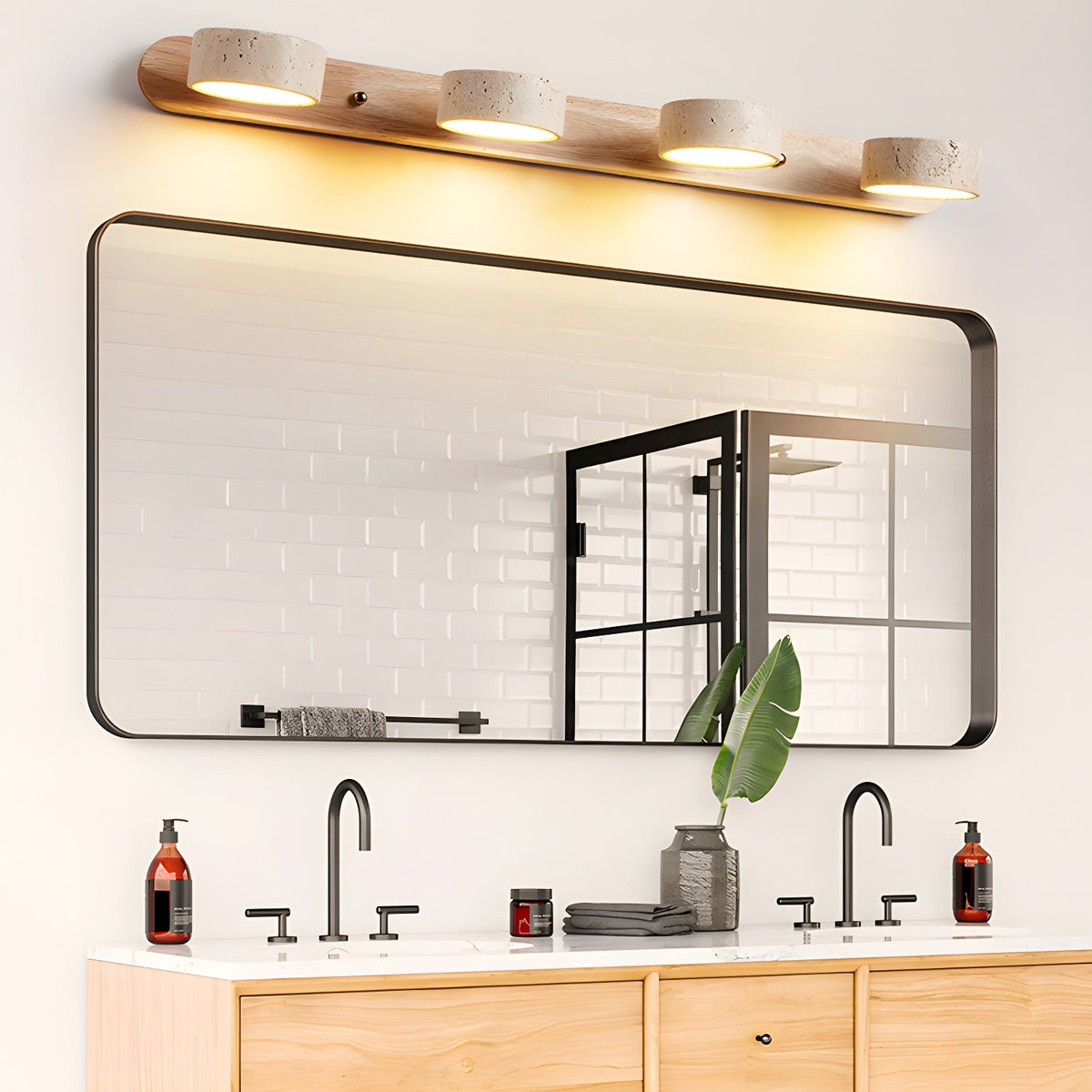 Travertin-Wandlampe mit Holzfuß und doppelter LED-Lichtquelle, natürliches Stein-Design, Wandbeleuchtung für Schlafzimmer, Flur und Wohnzimmer | Sansoti