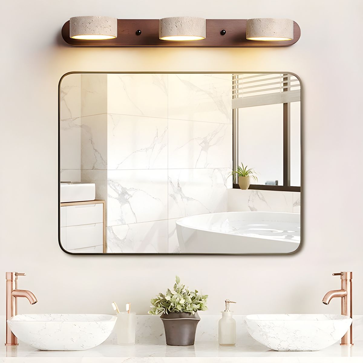 Travertin-Wandlampe mit Holzfuß und doppelter LED-Lichtquelle, natürliches Stein-Design, Wandbeleuchtung für Schlafzimmer, Flur und Wohnzimmer | Sansoti