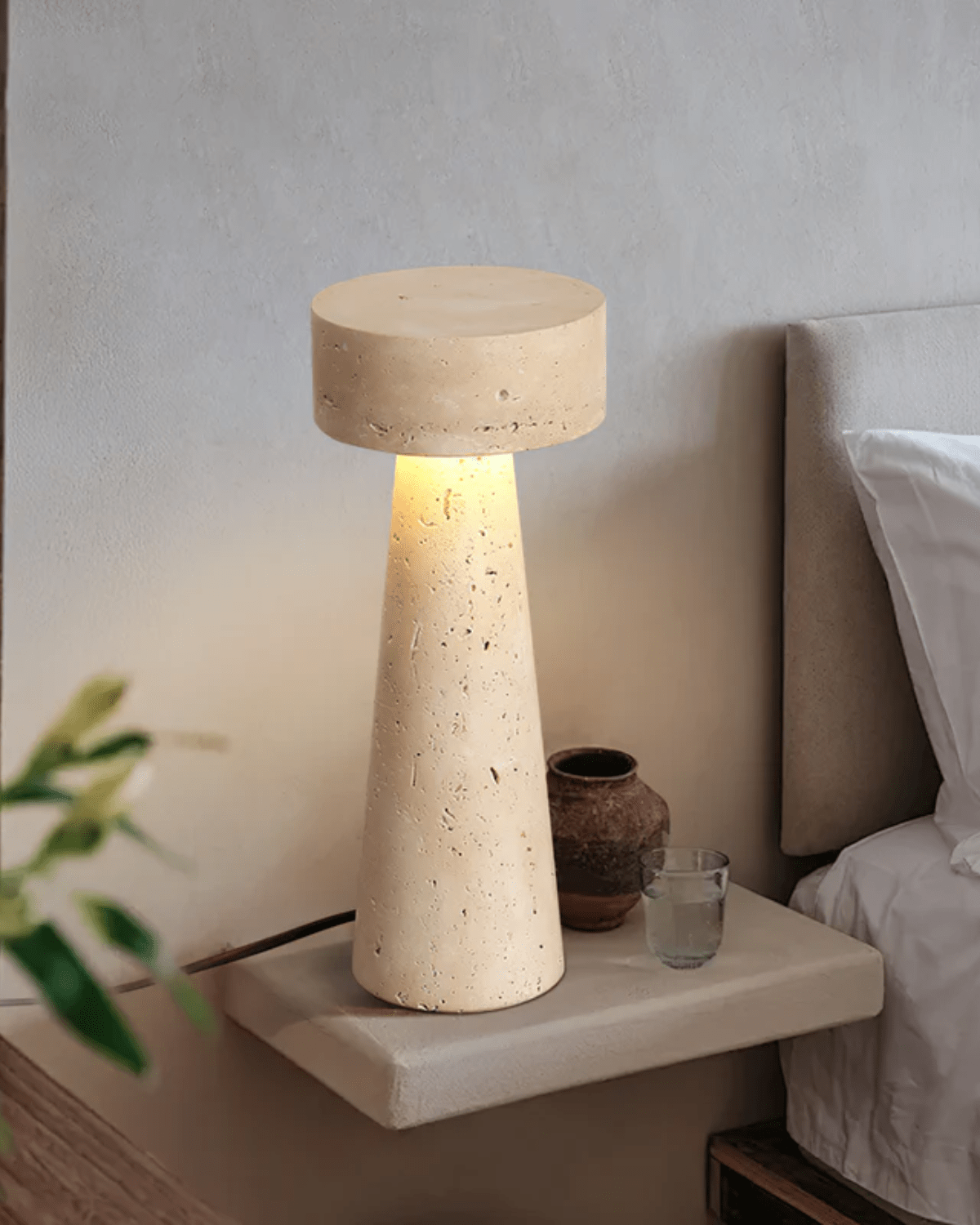 Table Lamp Travertine Natural Stone Column Design 30cm Beige Ambient Lighting | Sansoti
