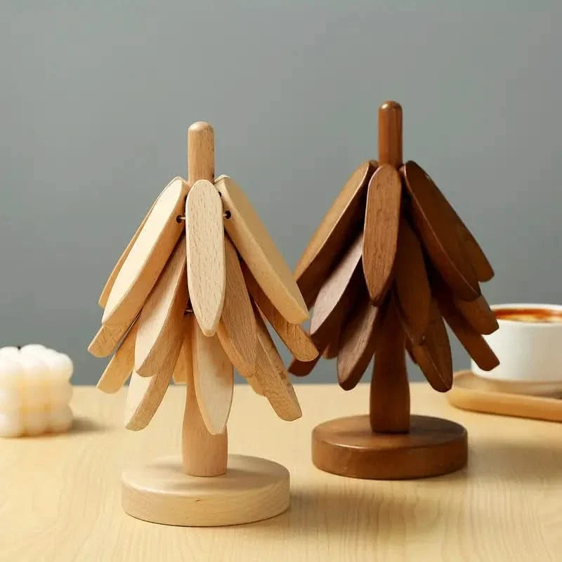 Tree-Shaped Wooden Coaster Set Heat-Resistant Natural Table Accessory Table Protection Tableware | Sansoti