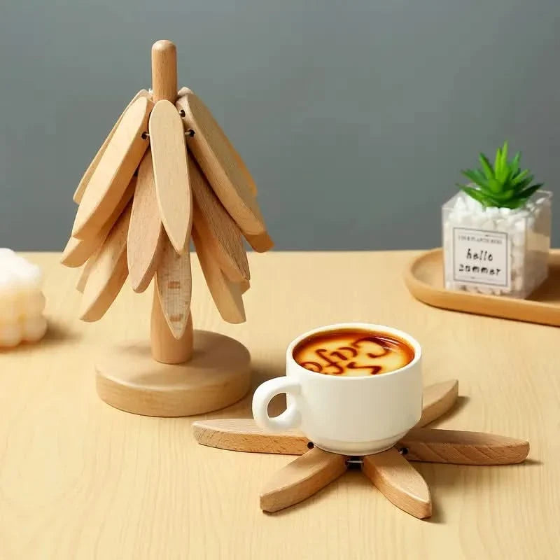Tree-Shaped Wooden Coaster Set Heat-Resistant Natural Table Accessory Table Protection Tableware | Sansoti
