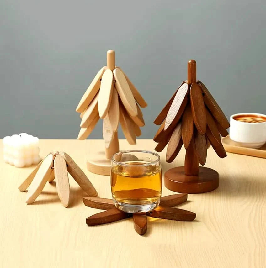 Tree-Shaped Wooden Coaster Set Heat-Resistant Natural Table Accessory Table Protection Tableware | Sansoti