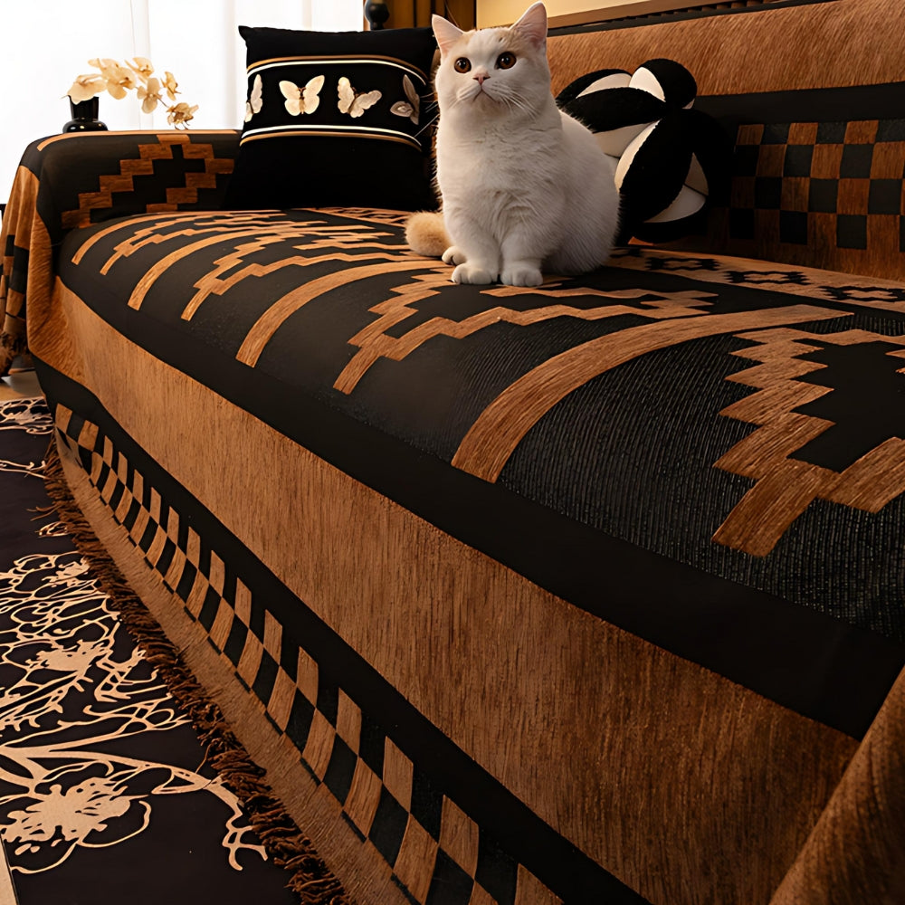 Chenille Sofa Cover with Tribal Geometric Pattern – Protective Sofa Cover for 2-3 Seater Sofas and Armchairs | Sansoti