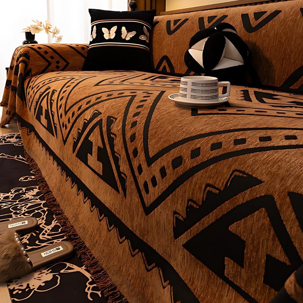 Chenille Sofa Cover with Tribal Geometric Pattern – Protective Sofa Cover for 2-3 Seater Sofas and Armchairs | Sansoti