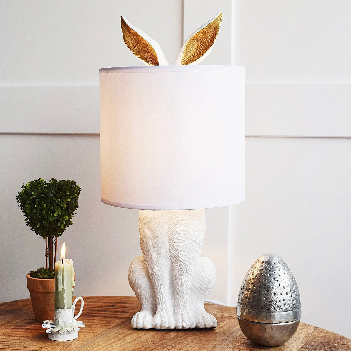 Hare Figurine Table Lamp with Fabric Shade | Modern Design | Resin | Charming Decorative Lighting | Sansoti