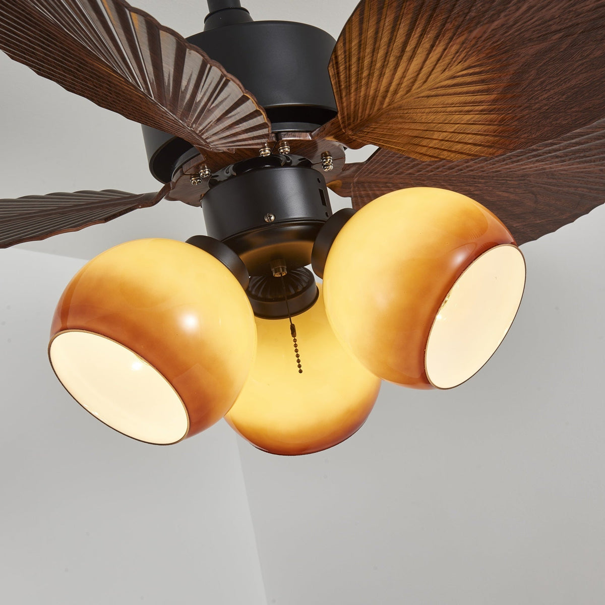 Vintage Ceiling Fan with Lighting – 91cm Diameter – Walnut Finish & Orange Shade | Sansoti