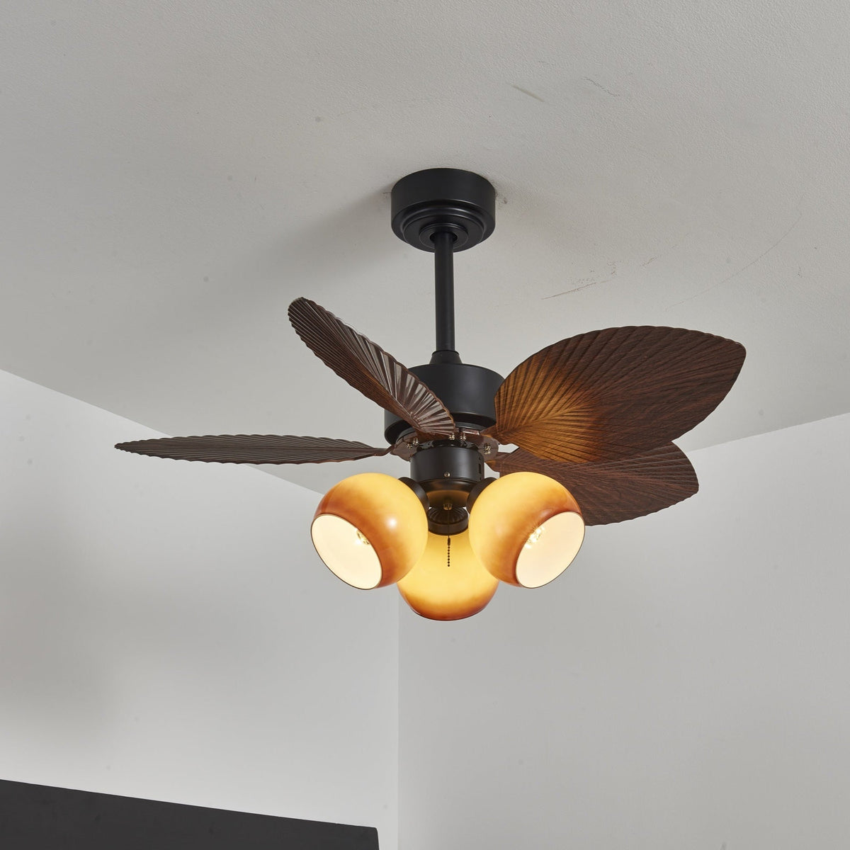 Vintage Deckenventilator mit Beleuchtung – 91 cm Durchmesser – Walnuss-Finish & Orangenschirm | Sansoti