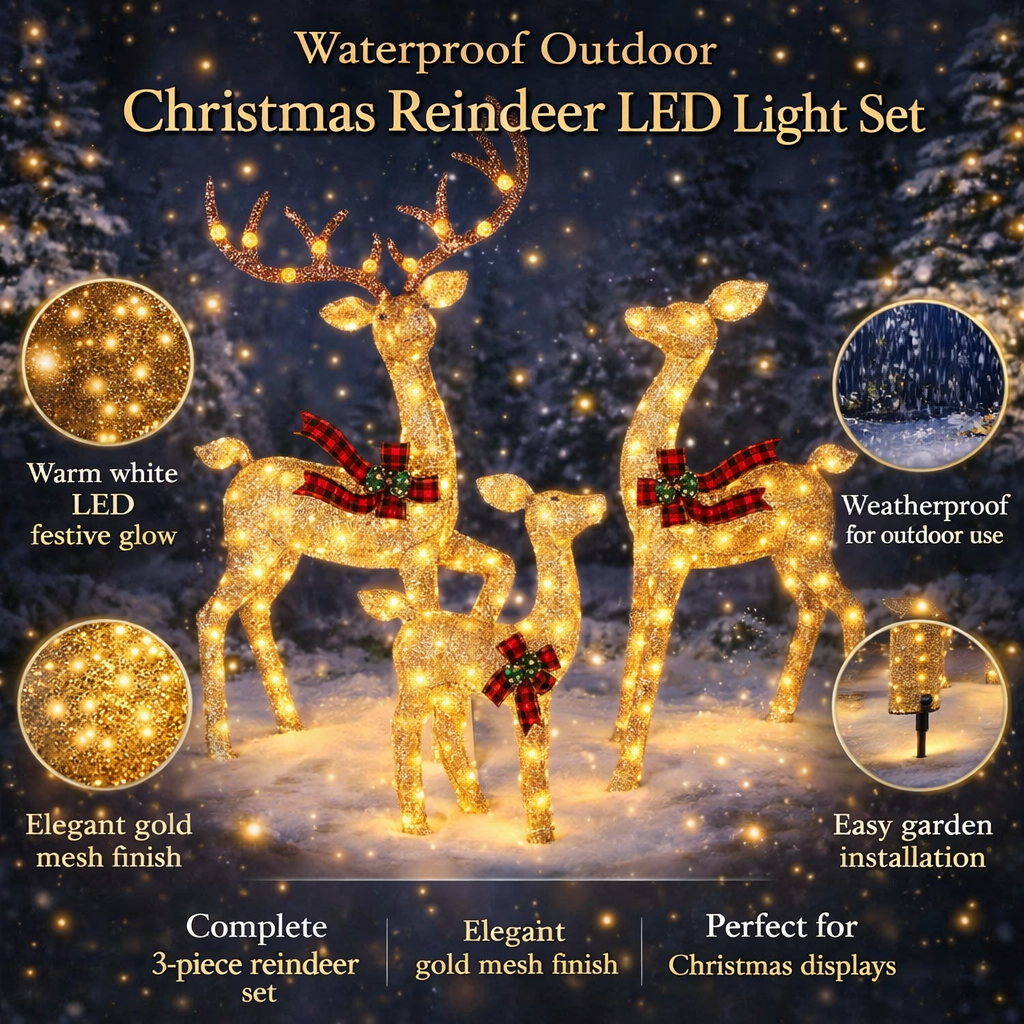 Famille de rennes lumineuse LED Décoration de jardin Set Étanche Éclairage extérieur de Noël 3 pièces Blanc chaud | Sansoti