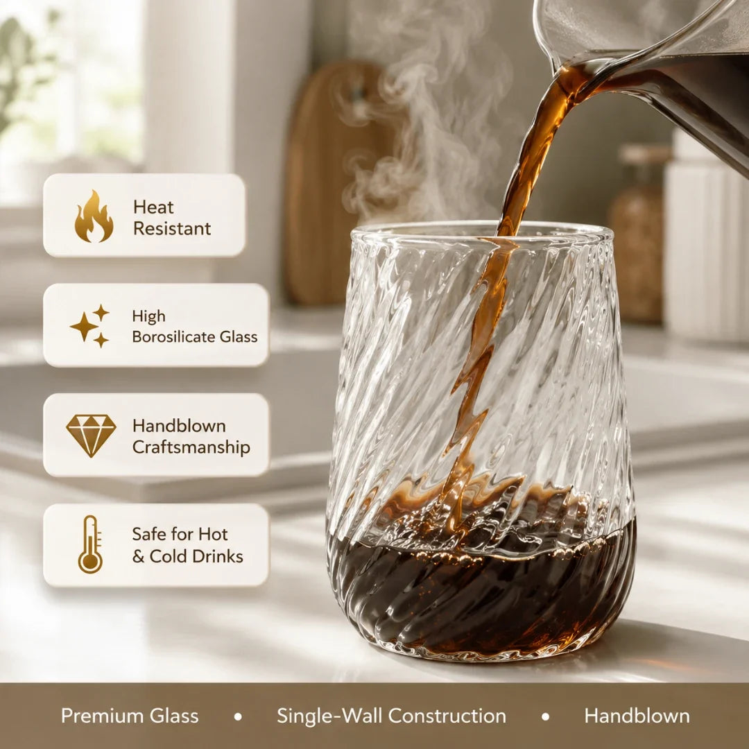 Twisted Glass with Ribbed Texture and Glass Straw 400ml Durable Heat-Resistant Drinking Glass for Juice | Sansoti