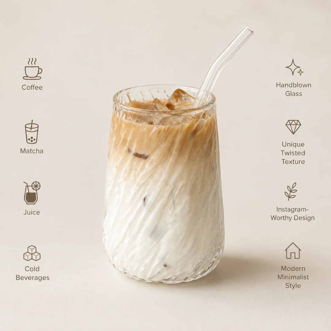 Twisted Glass with Ribbed Texture and Glass Straw 400ml Durable Heat-Resistant Drinking Glass for Juice | Sansoti