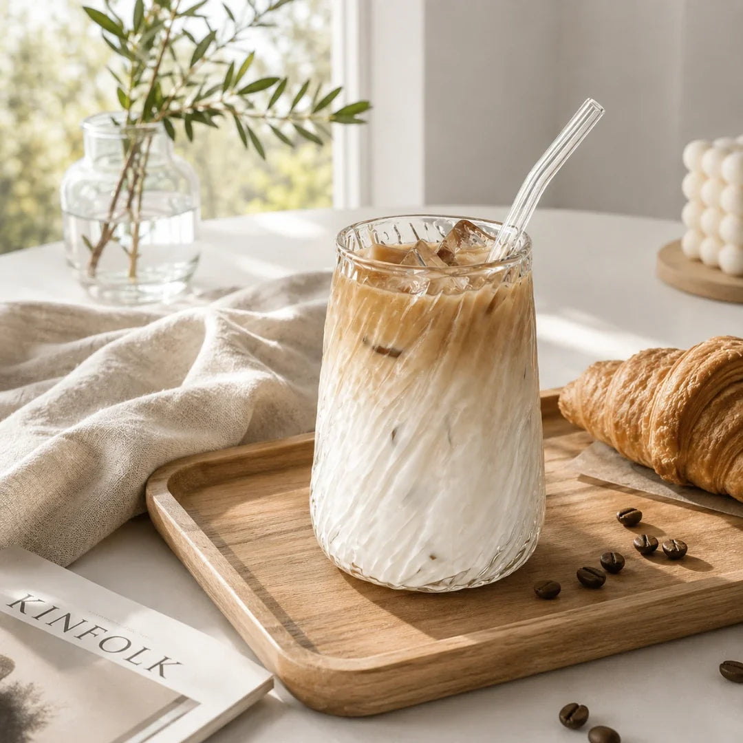 Twisted Glass with Ribbed Texture and Glass Straw 400ml Durable Heat-Resistant Drinking Glass for Juice | Sansoti
