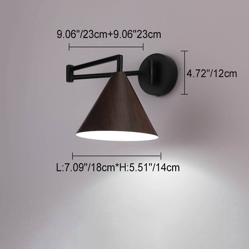 Wandleuchte Schwenkarm Eisen Kegelförmiger Schirm Walnuss Holzfarbe E26 18x14cm Schlafzimmer Leselampe | Sansoti