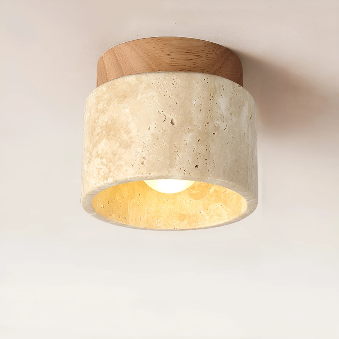 Japanese Round Ceiling Lamp Travertine Wood Warm Light E27 Wabi-Sabi Minimalist Ambient Lighting Living Room | Sansoti