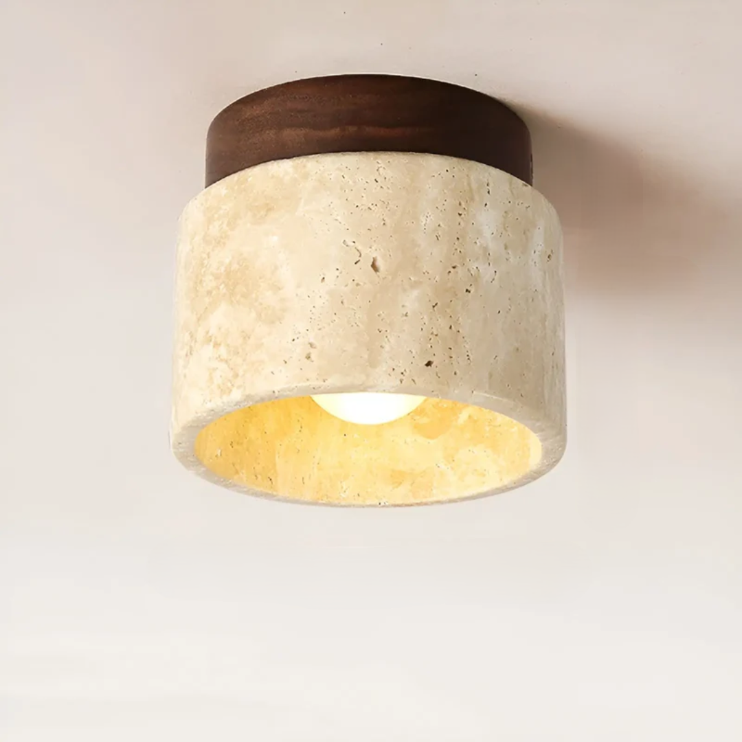 Japanese Round Ceiling Lamp Travertine Wood Warm Light E27 Wabi-Sabi Minimalist Ambient Lighting Living Room | Sansoti
