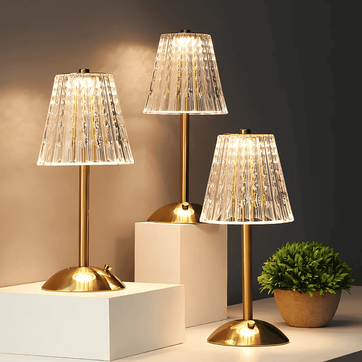 Rechargeable Crystal Gold LED Table Lamp, Cordless and Dimmable, Touch Ambient Lighting for Living Room and Bedroom | Sansoti