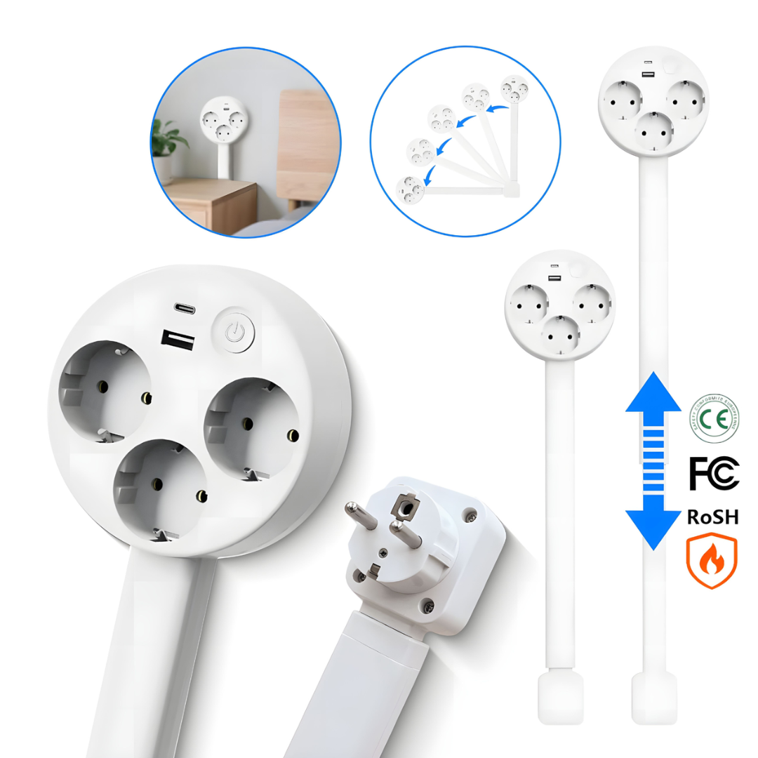 Retractable Power Outlet with USB-A and USB-C – Charge 5 Devices Simultaneously 47-67cm Range 180° Rotatable Safety Certification | Sansoti