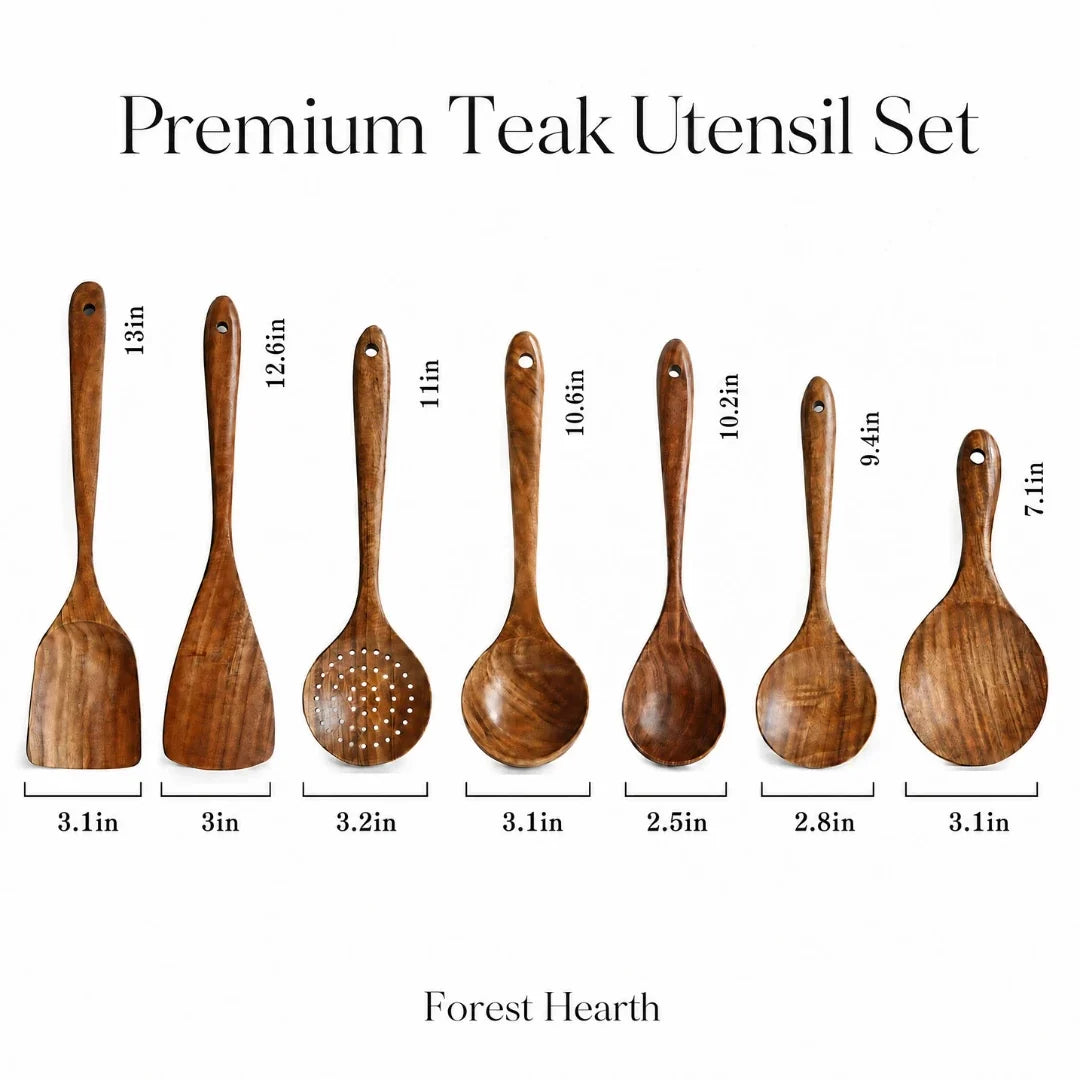 7-Piece Wooden Kitchen Utensil Set Teak Wood Naturally Finished Heat-Resistant Non-Stick Cookware Kitchen Tools | Sansoti