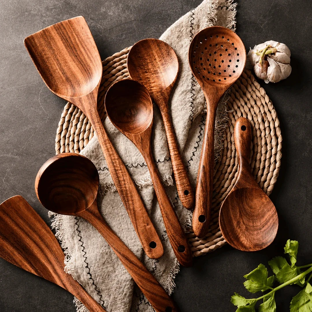 Küchenutensilien-Set aus Teakholz, 7-teilig, hitzebeständige Kochlöffel und Pfannenwender für beschichtetes Kochgeschirr, natürliches Holz | Sansoti