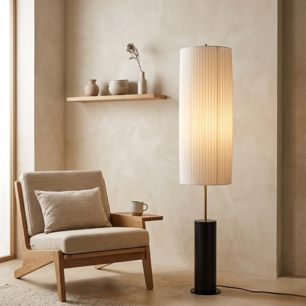 Stehlampe Stoff Holz Eisen 130cm LED E27 Dimmbar, Stehlampe für Wohnzimmer, Schlafzimmer, Leseecke und Büro | Sansoti