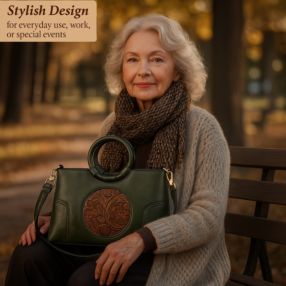 Handgefertigte Ledertasche für Damen mit Vintage-Reliefmuster, Umhängetasche, elegante Tagestasche, Retro-Design, stilvoll | Sansoti