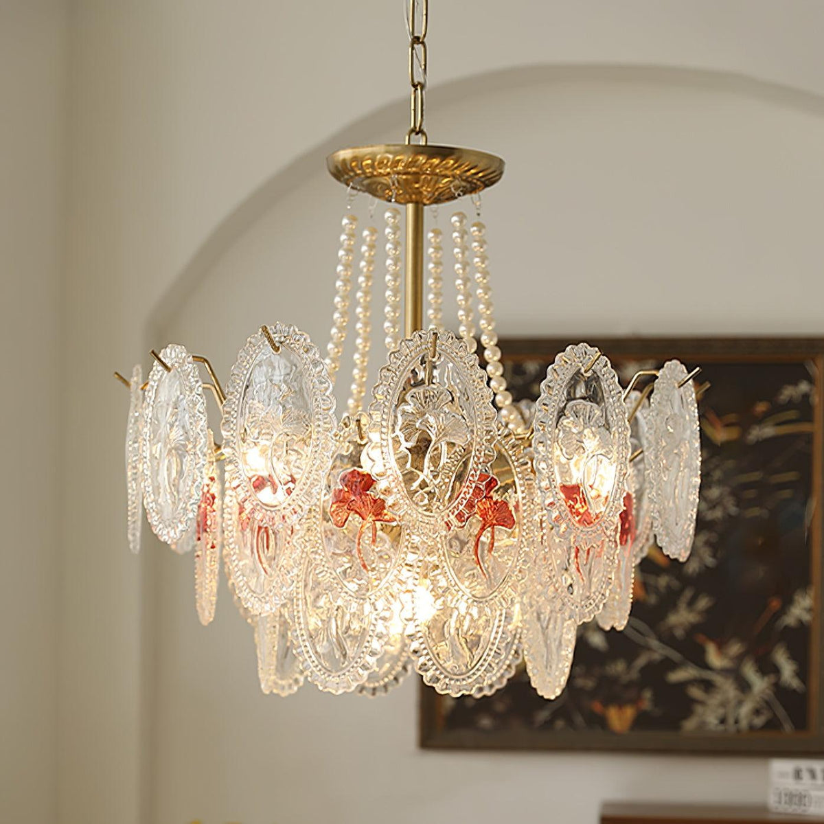 Kronleuchter Glasperlen goldfarbenes Metall mehrlagiges Design E14-Fassung Pendelleuchte Wohnzimmer Esszimmer | Sansoti