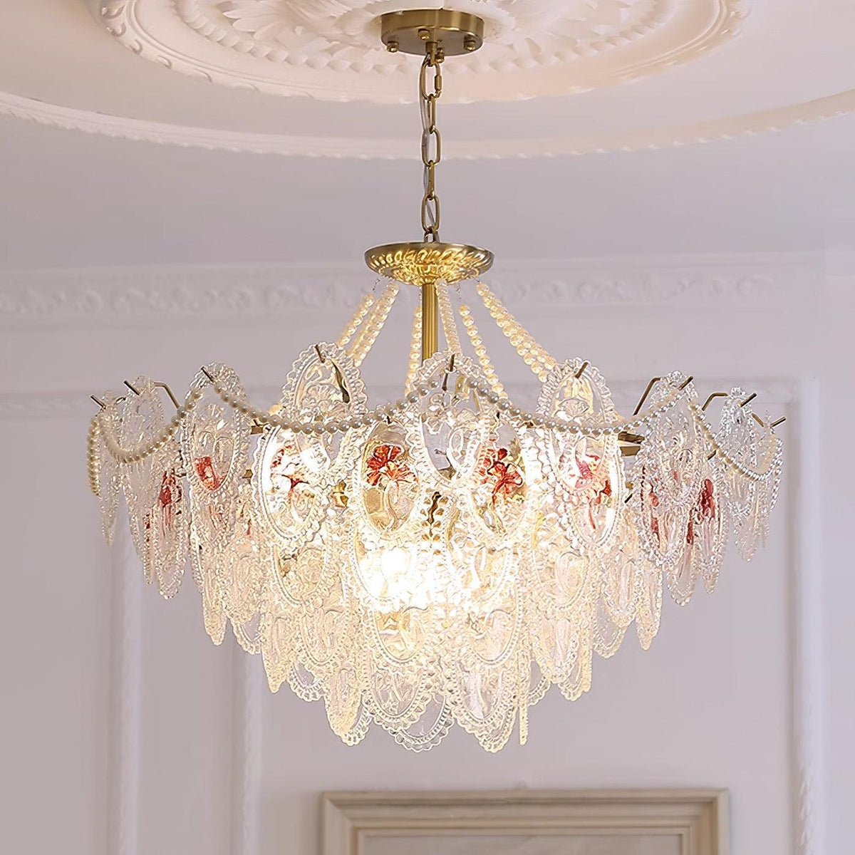 Kronleuchter Glasperlen goldfarbenes Metall mehrlagiges Design E14-Fassung Pendelleuchte Wohnzimmer Esszimmer | Sansoti
