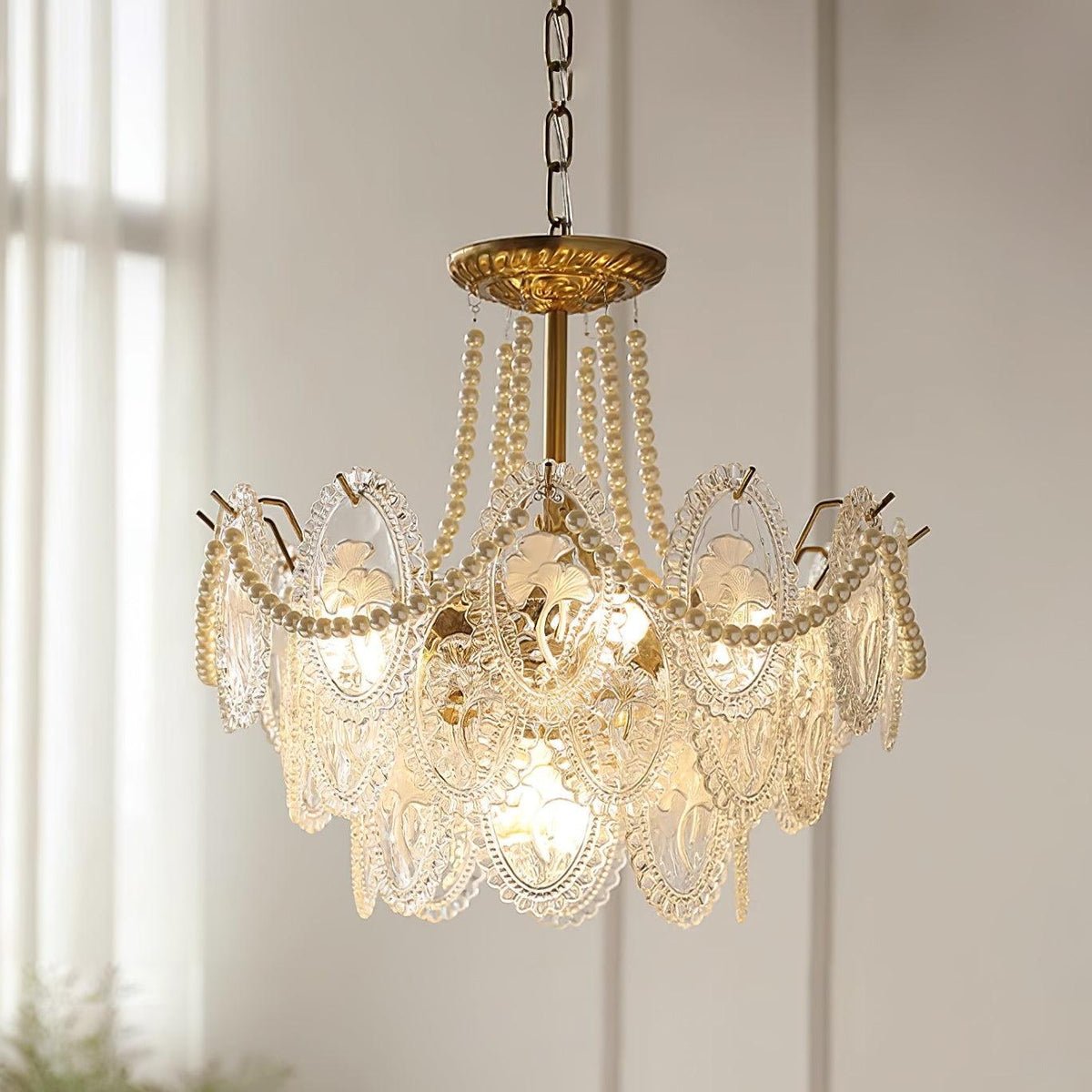 Kronleuchter Glasperlen goldfarbenes Metall mehrlagiges Design E14-Fassung Pendelleuchte Wohnzimmer Esszimmer | Sansoti