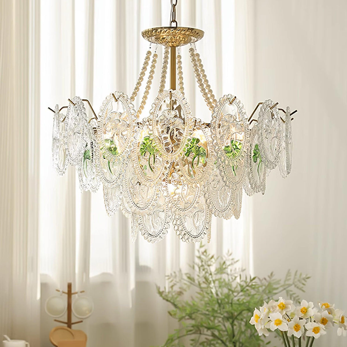 Chandelier Glass Beads Gold-Colored Metal Multi-Tier Design E14 Socket Pendant Light Living Room Dining Room | Sansoti