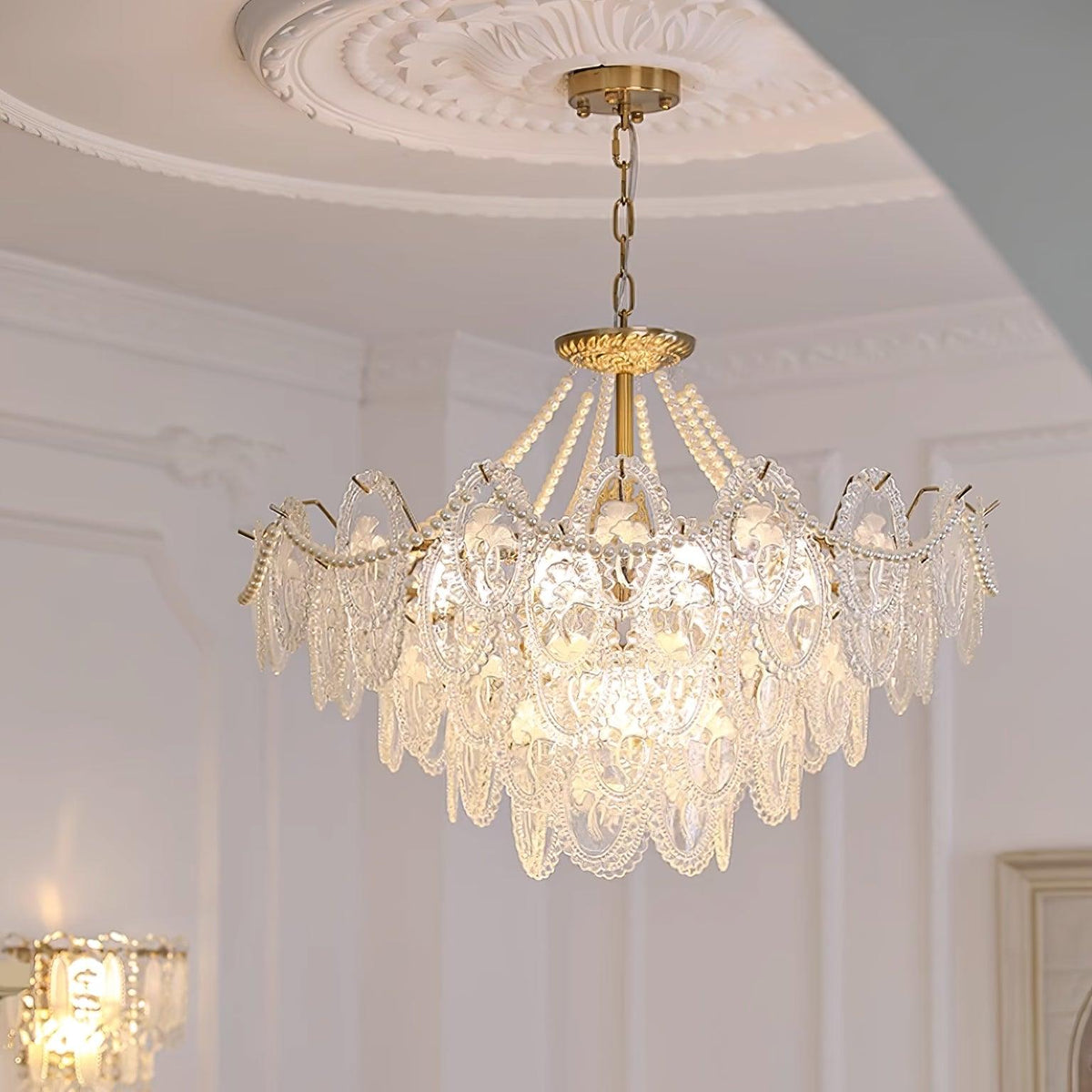 Kronleuchter Glasperlen goldfarbenes Metall mehrlagiges Design E14-Fassung Pendelleuchte Wohnzimmer Esszimmer | Sansoti