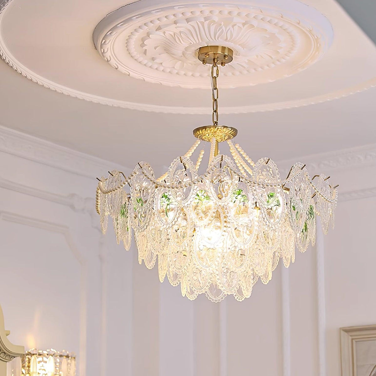 Kronleuchter Glasperlen goldfarbenes Metall mehrlagiges Design E14-Fassung Pendelleuchte Wohnzimmer Esszimmer | Sansoti