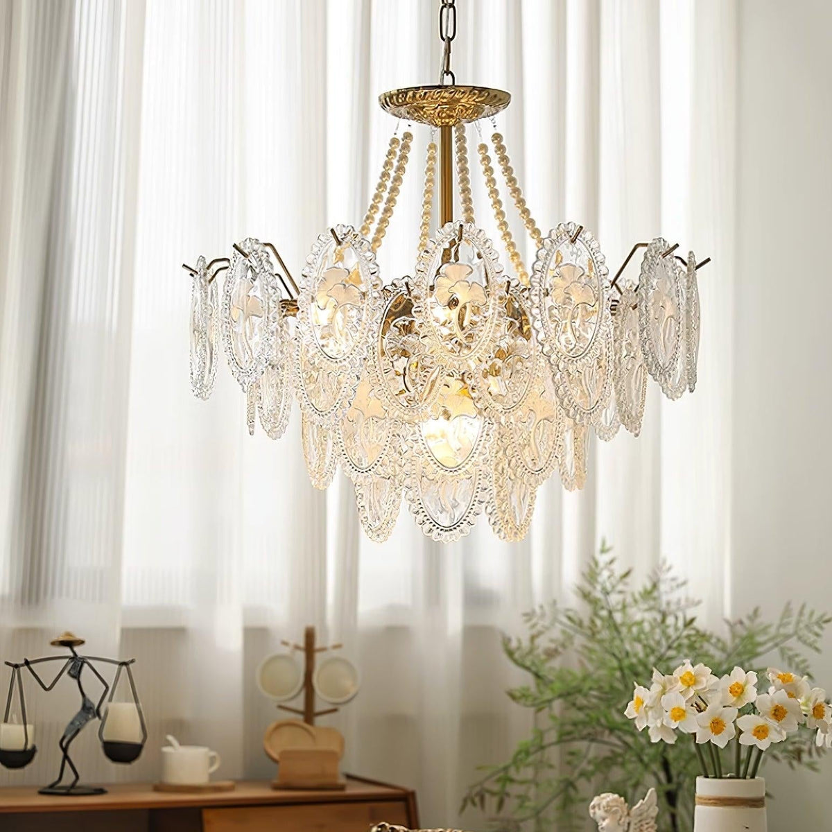 Kronleuchter Glasperlen goldfarbenes Metall mehrlagiges Design E14-Fassung Pendelleuchte Wohnzimmer Esszimmer | Sansoti