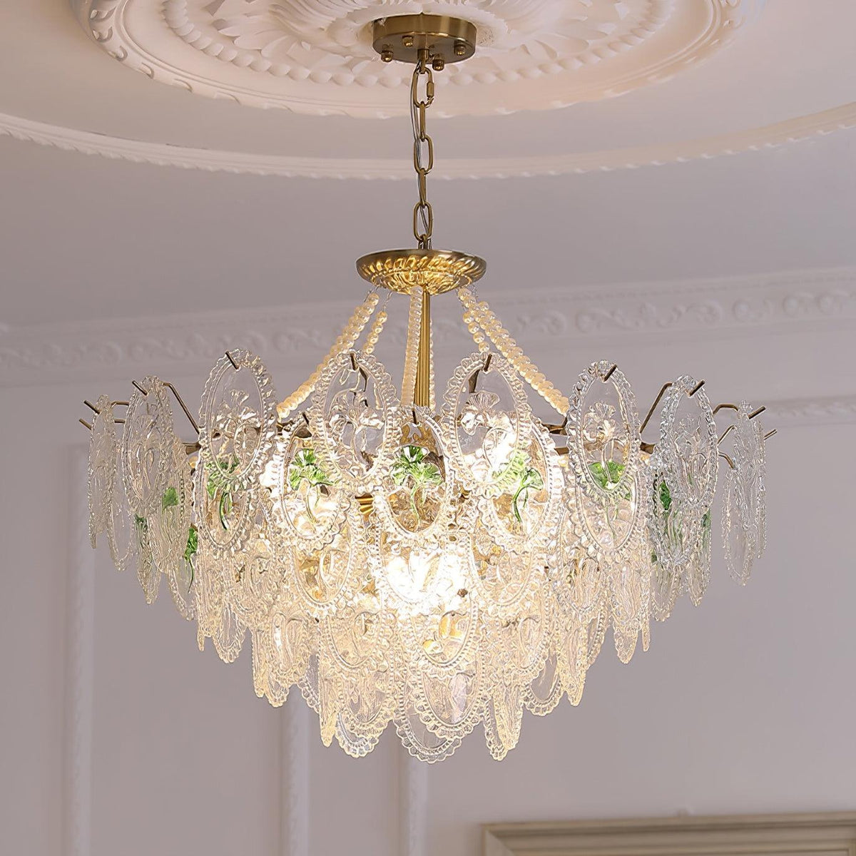 Kronleuchter Glasperlen goldfarbenes Metall mehrlagiges Design E14-Fassung Pendelleuchte Wohnzimmer Esszimmer | Sansoti