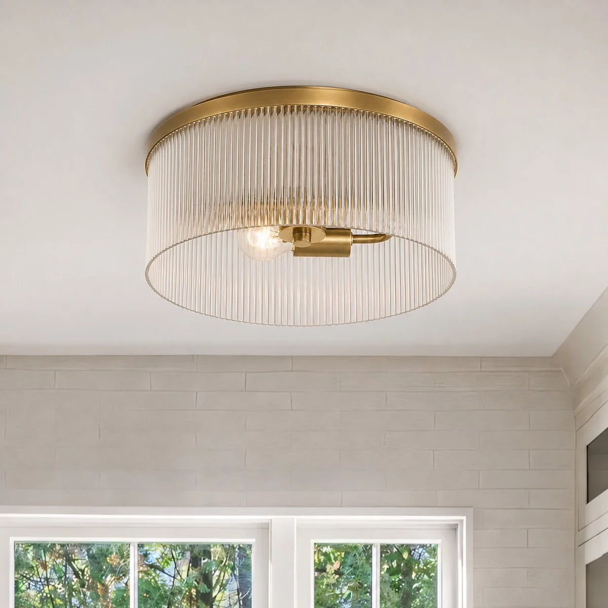 Round Ceiling Lamp with Ribbed Glass and Rustic Finish – Warm Ambient Light for Low Ceilings | Sansoti